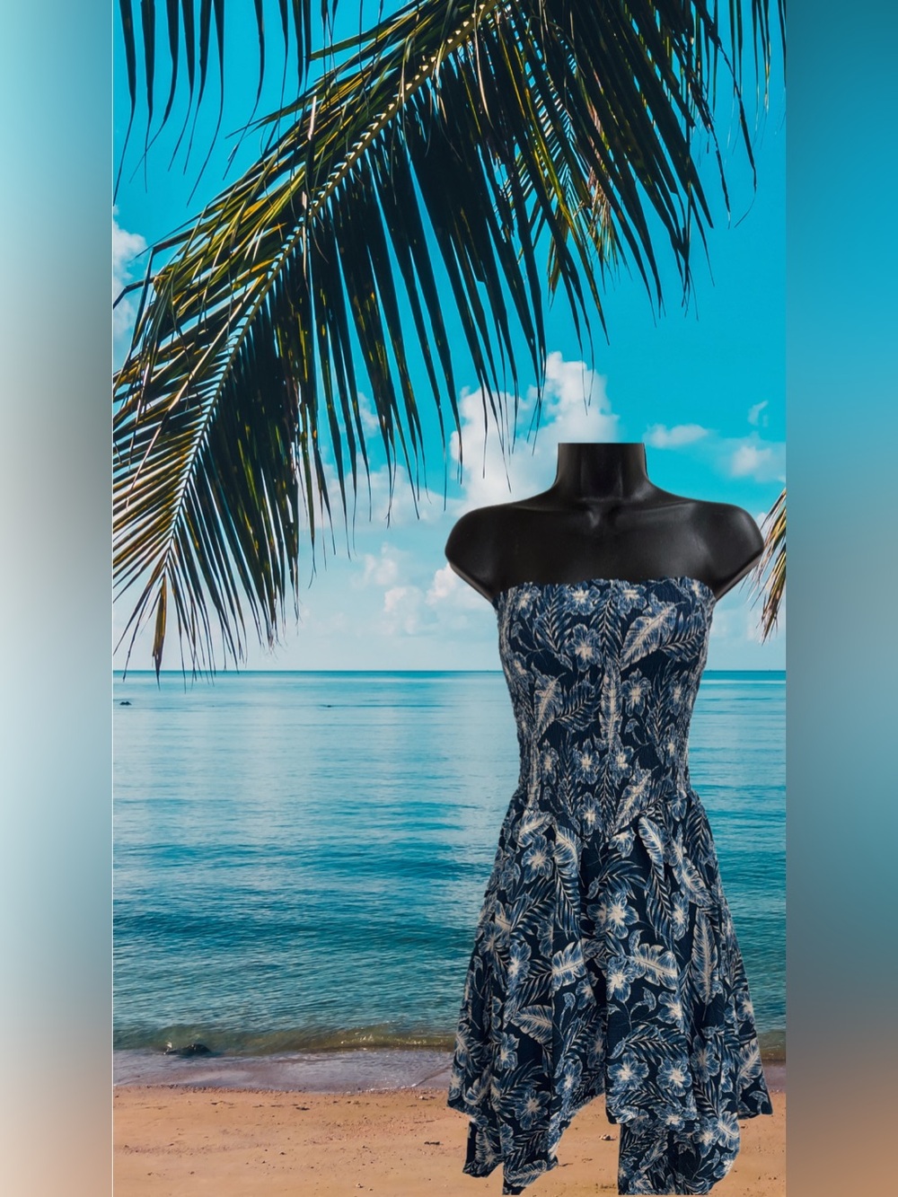 Navy Floral Smocked Strapless Summer Dress❤️